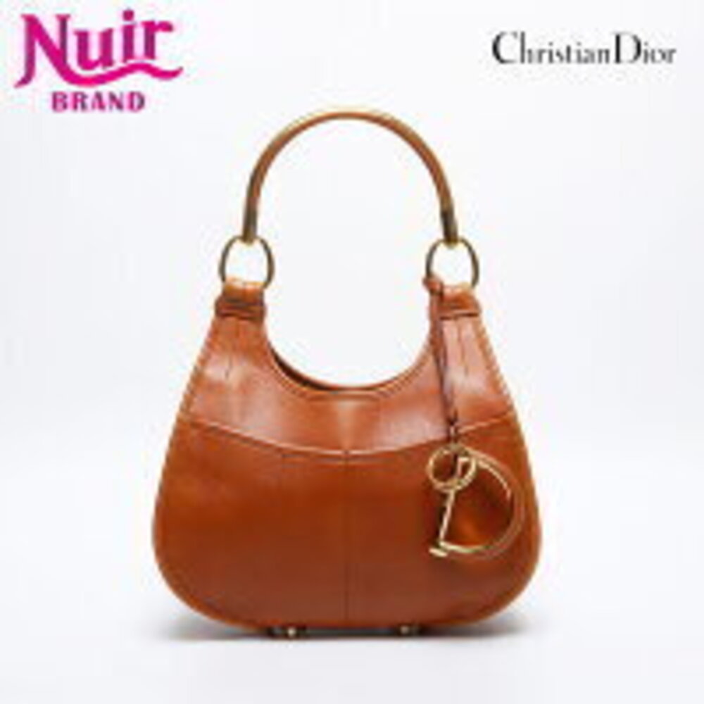 Christian Dior Leather Logo Charm Tote Bag Brown